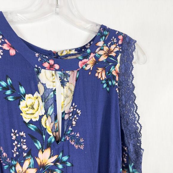 Wonderly Plus Size 2X Tank Top Blue Floral Lace Keyhole Sleeveless Peplum 283 - Picture 3 of 10
